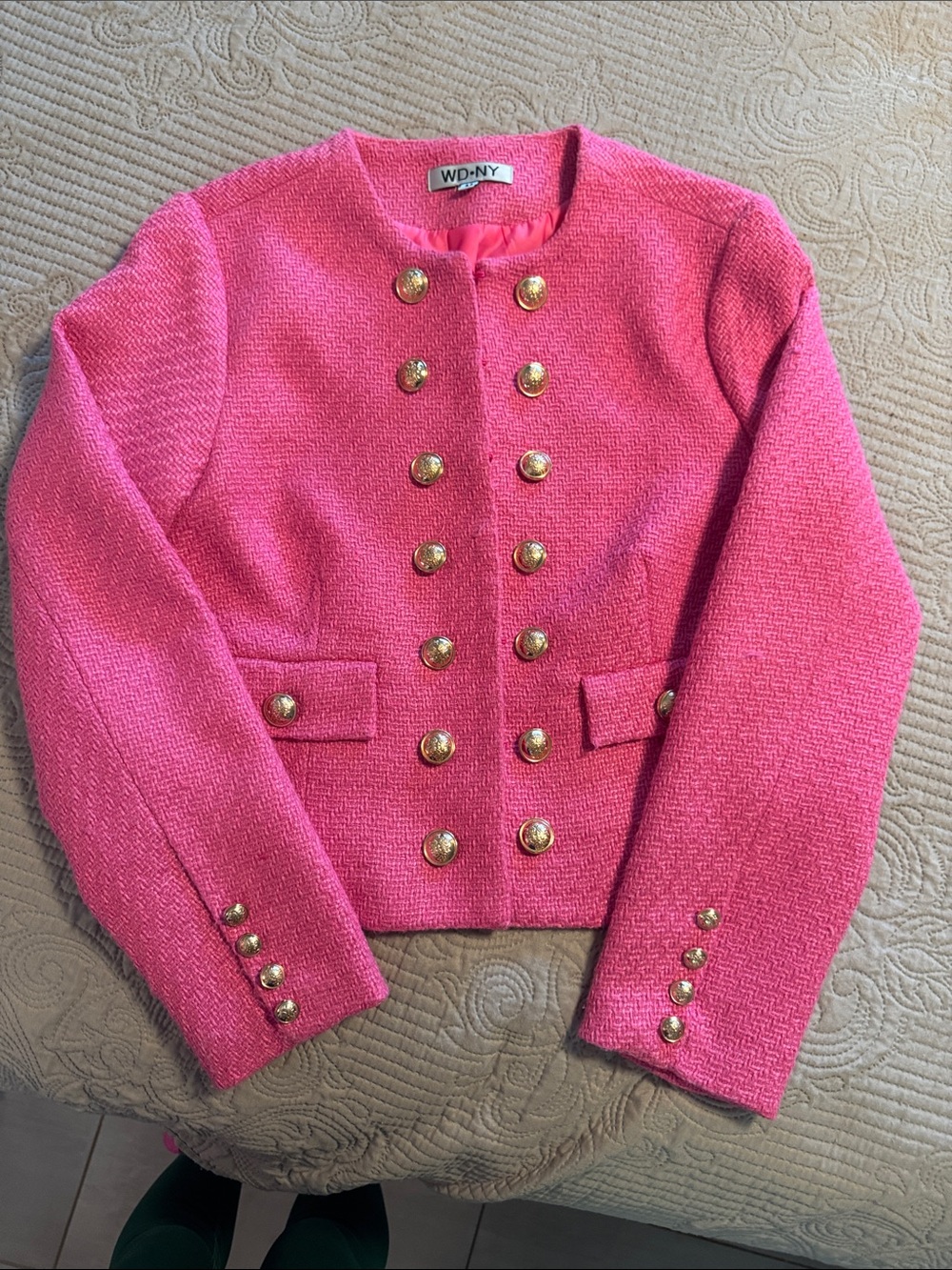 WD.NY Hot Pink Bouclé Double-Breasted Military-Style Jacket